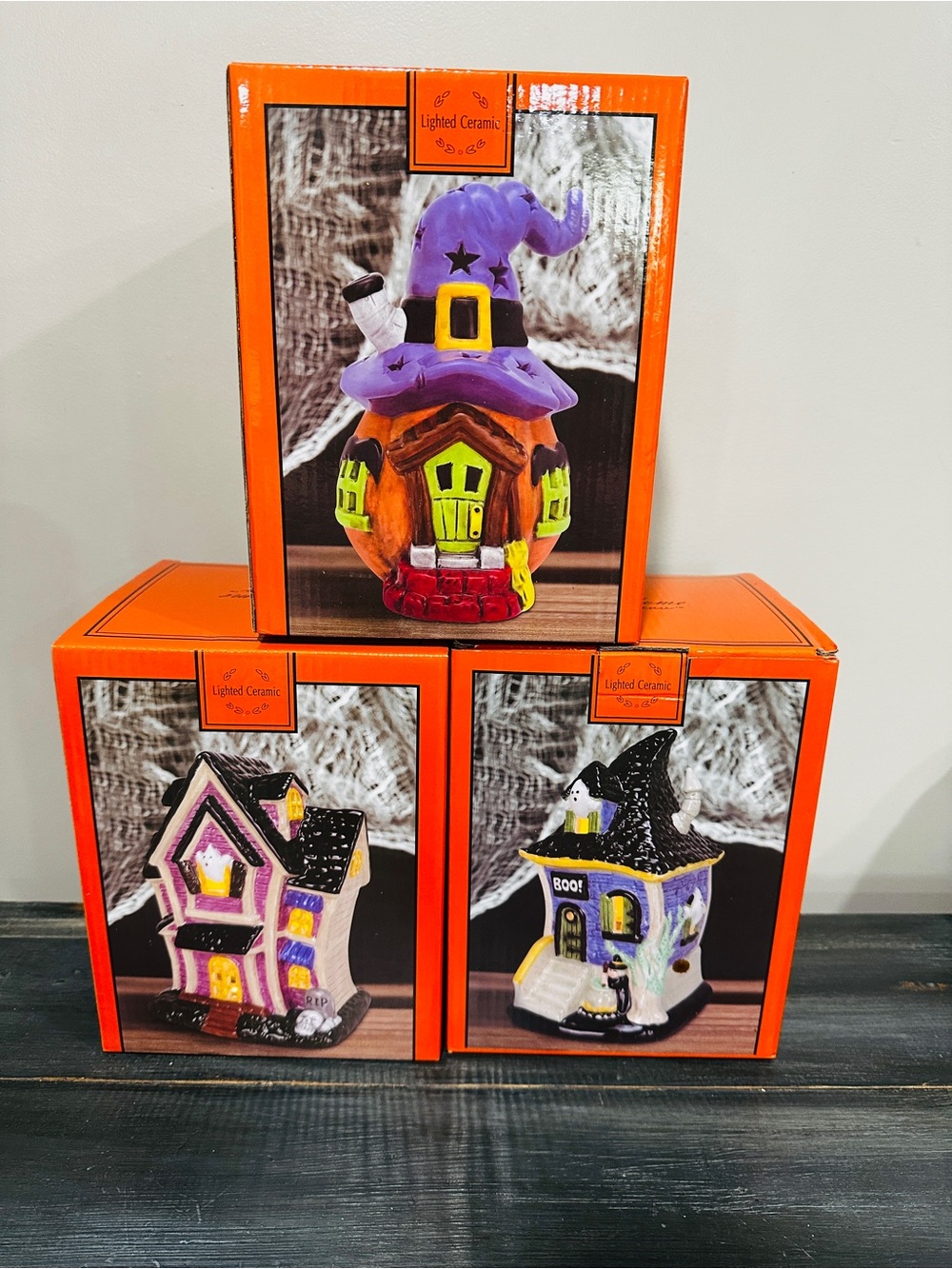 Halloween Lighted Ceramic Houses Set